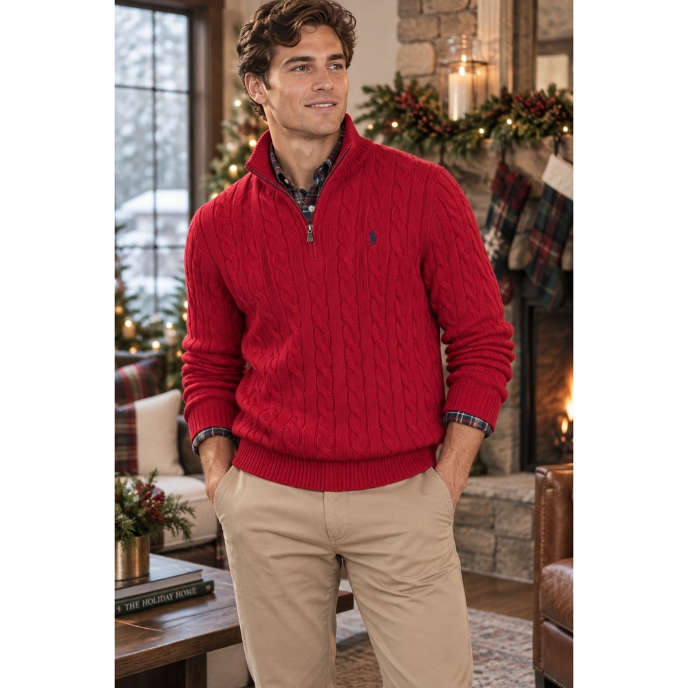 Polo Ralph Lauren Mens XXL Red Cable Knit Cotton Quarter Zip Sweater Blue Pony